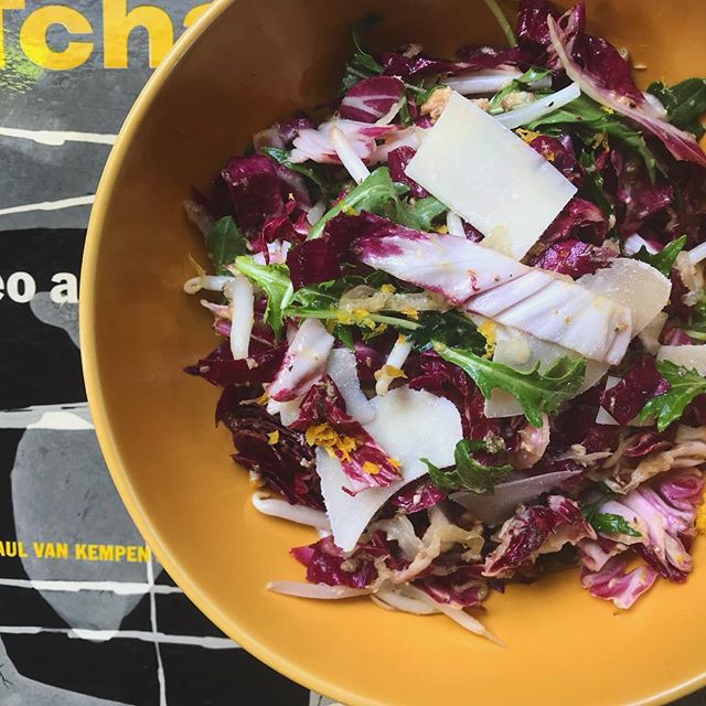 The lemon-sardine salad I make almost weekly. Endlessly riffable. Creamy and oh-so-tangy. Shockingly filling, too. Today with radicchio, mizuna greens, mung bean sprouts, capers, sauerkraut and parmesan.