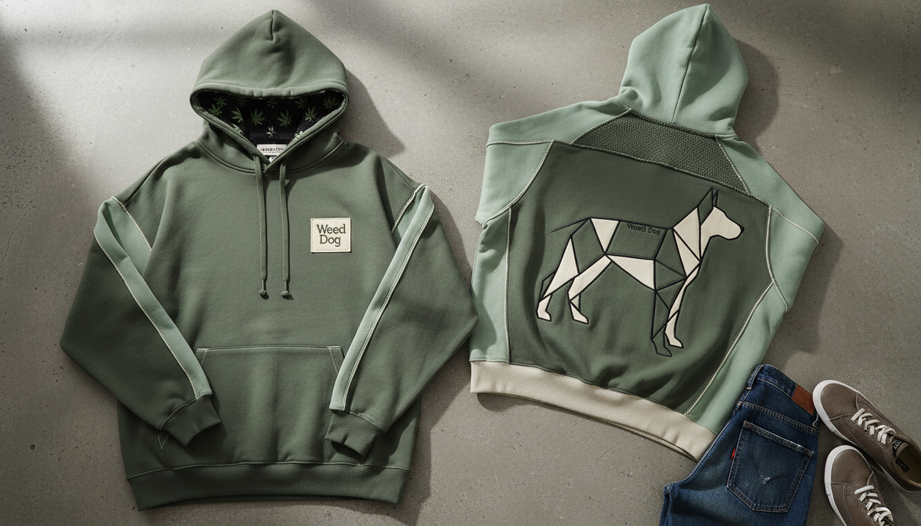 A really cool cut and stitch streetwear hoodie inspired by a classic animal t-shirt that says _Weed Dog_ subtle and cool .png