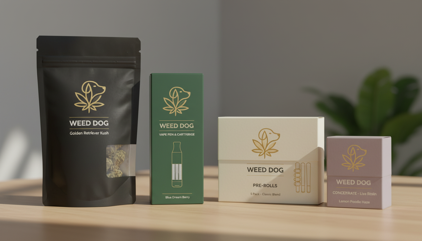 Economical and elegant cannabis product packaging for raw flower, vapes, pre-rolls, and concentrates from _Weed Dog _ featuring this logo. .png
