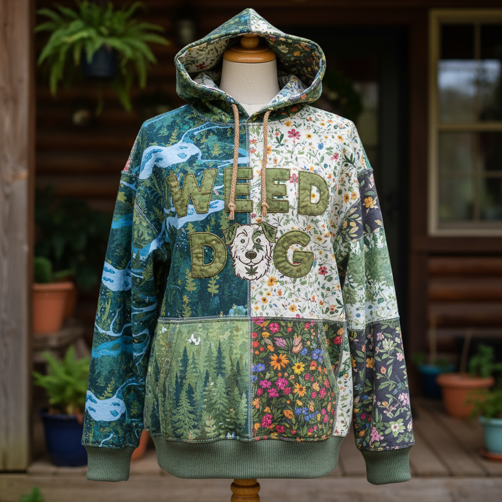 A West Virginia quilt inspired cut and stitch hoodie that says _Weed Dog_ and features prints of rivers and forests and flowers.png