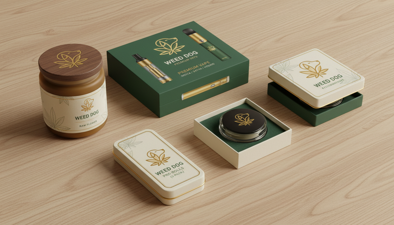 Attractive, elegant, and innovative cannabis product packaging for raw flower, vapes, pre-rolls, and concentrates from _Weed Dog _ featuring this logo. .png