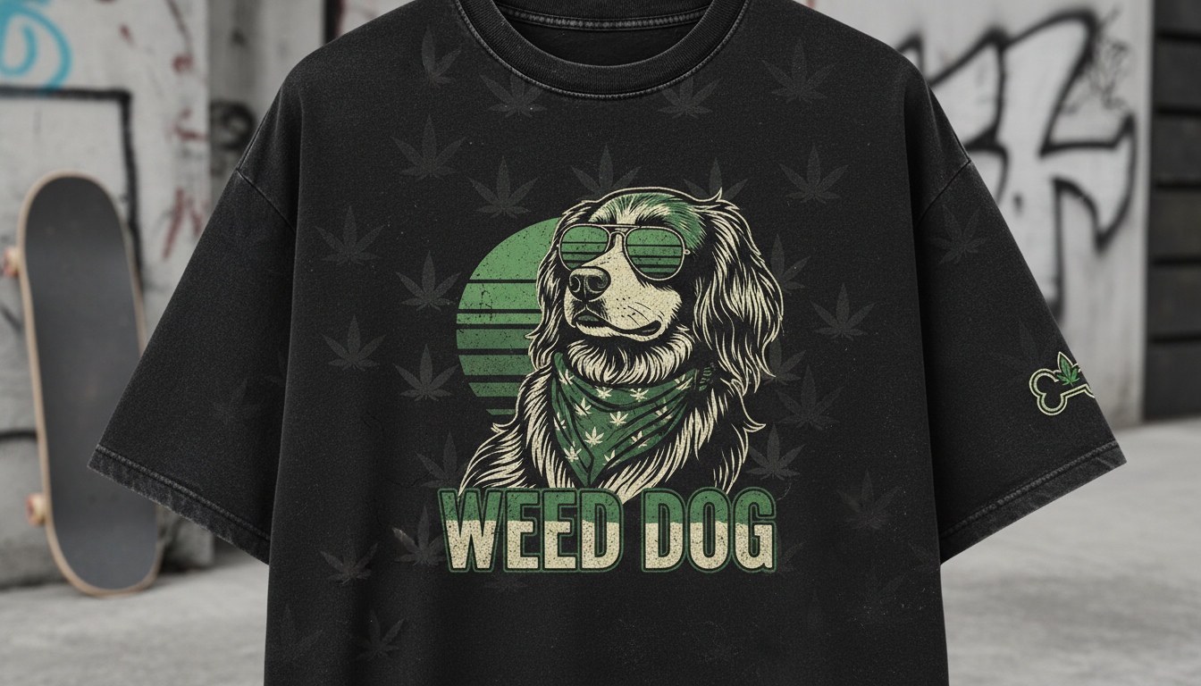 A really cool streetwear t-shirt inspired by a classic animal t-shirt that says _Weed Dog_ and subtle and cool .png