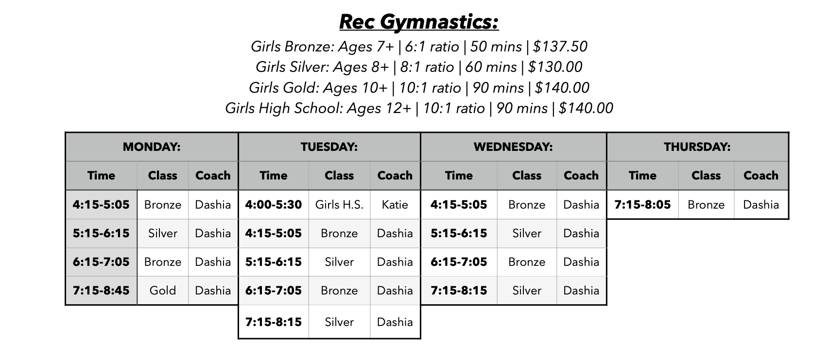 Current Session Schedule — The Gymnastics Shop