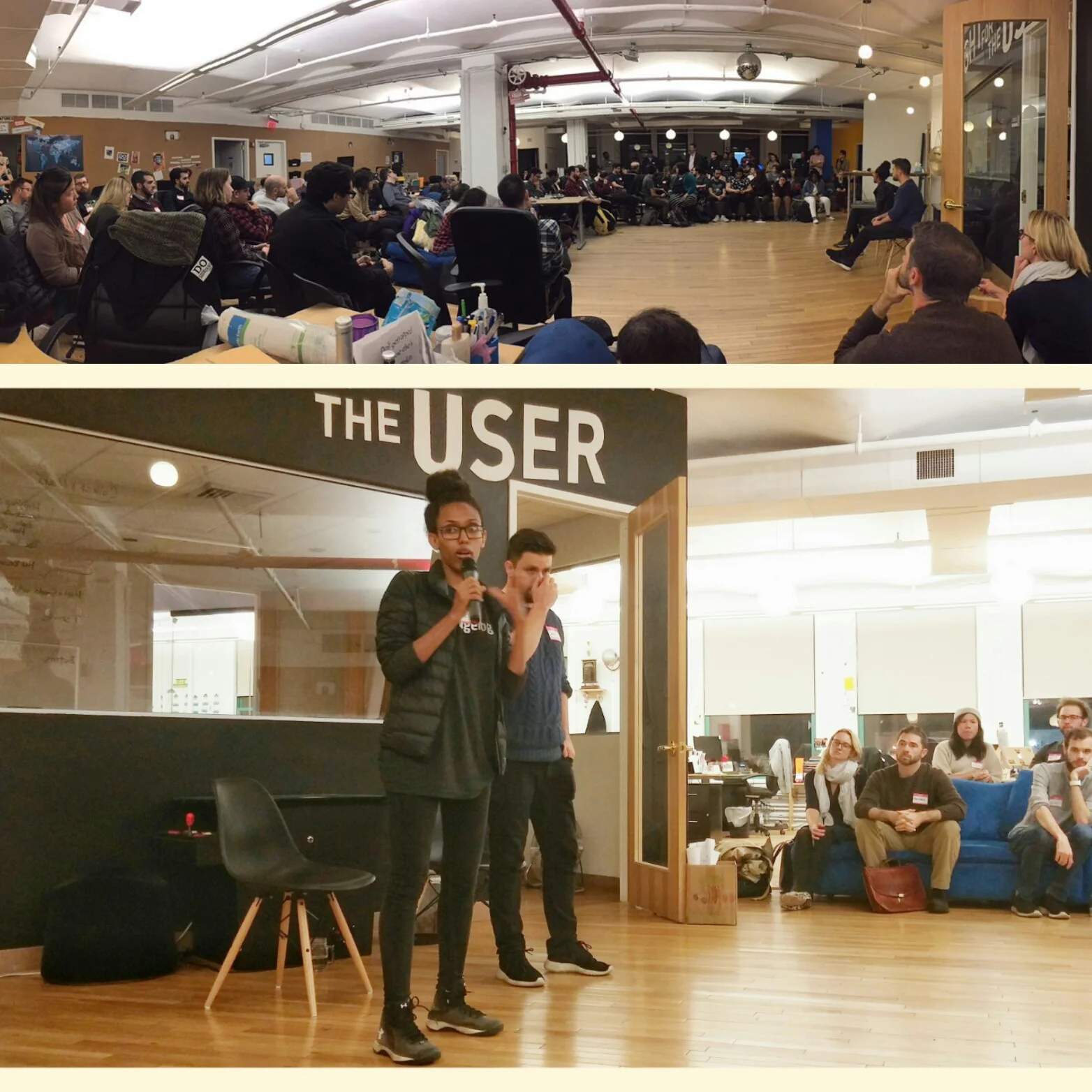 NYC Tech for Good meetup at DoSomething.org on 2018-11-10. Saron Yitbarek & Ben Halpern center, Jess Lee behind blue couch (light sweater).