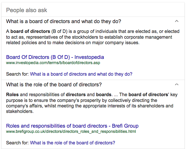 Google results for "Board of Directors" search.