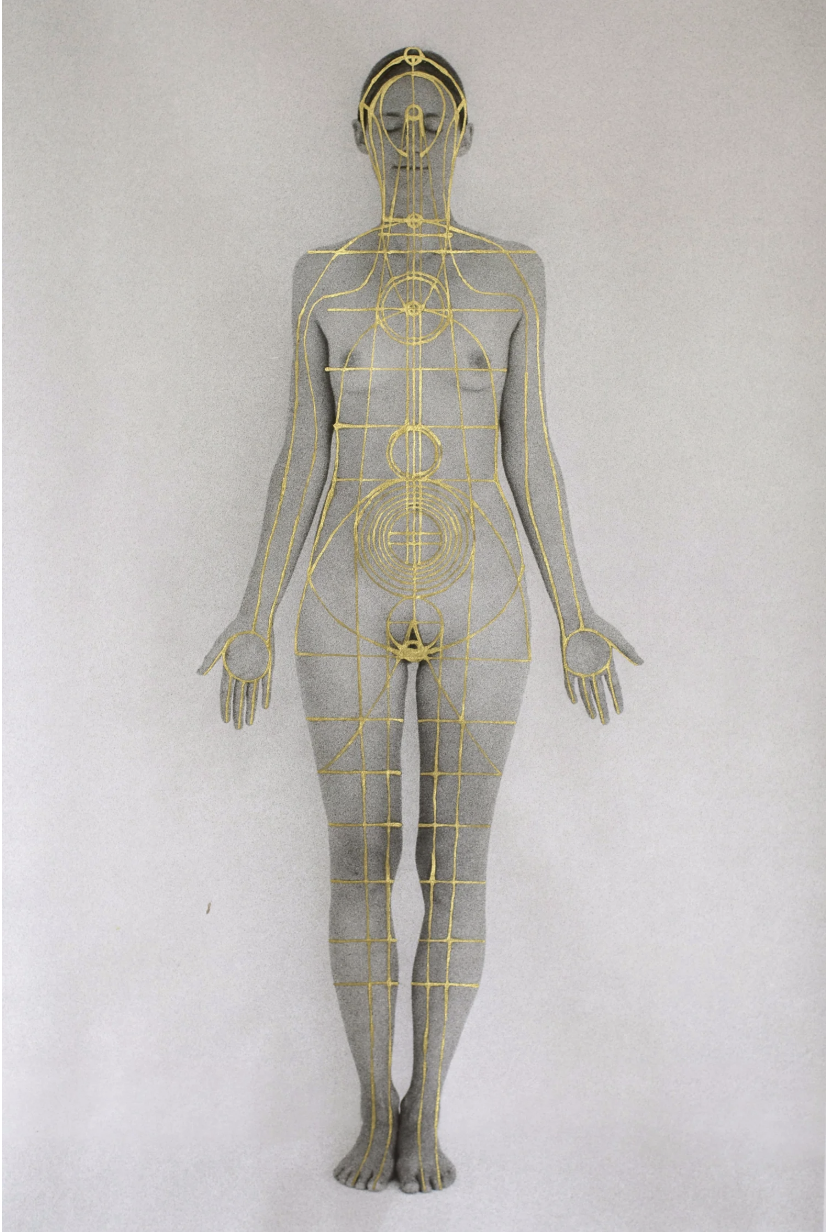 Artwork by Rachel Garrard: gold lines tracing energy pathways over a black-and-white photo of a standing human figure