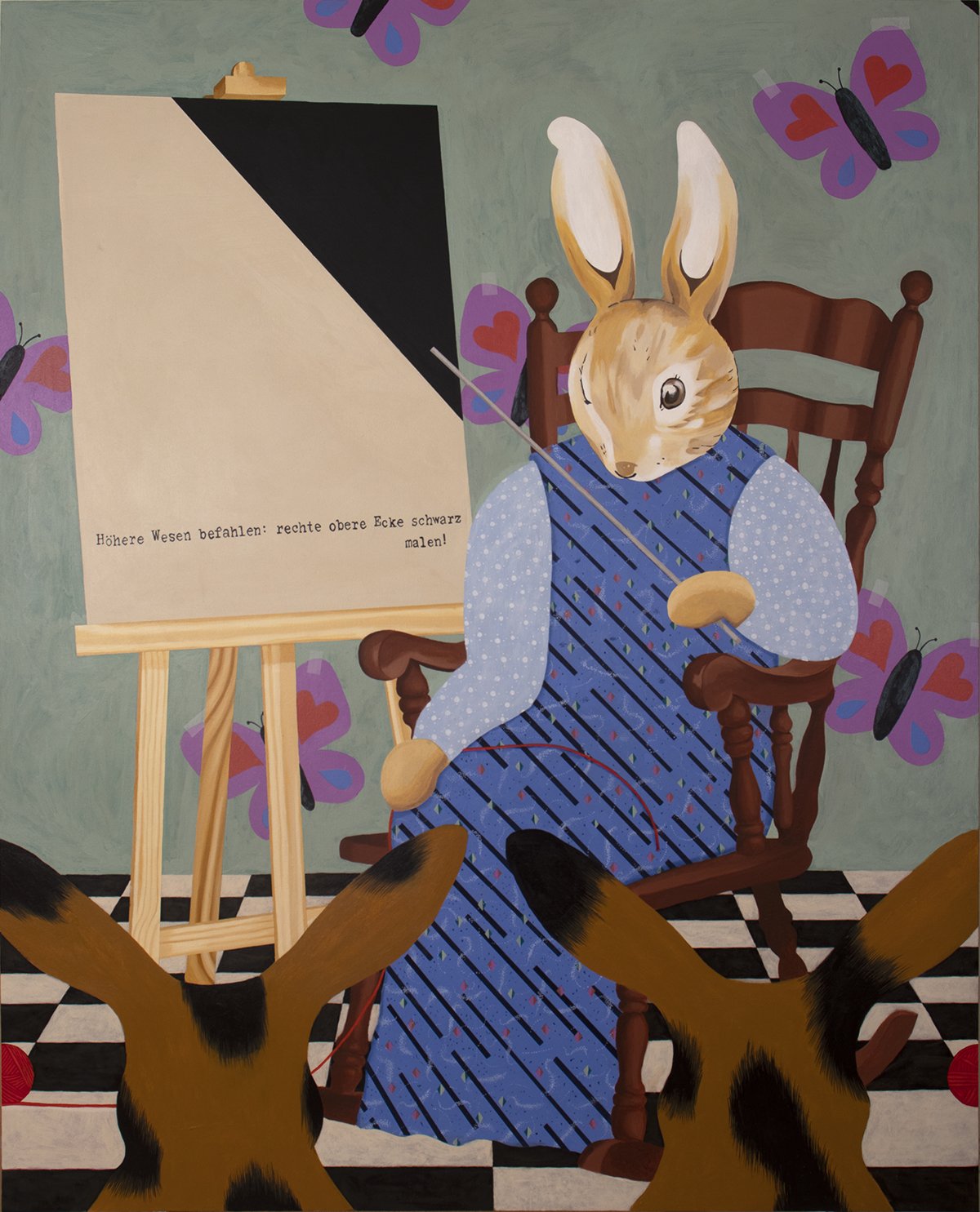   Rabbit Teaches Sigmar Polke’s  Higher Powers Commanded: Paint the Upper-Right Hand Corner Black!  60 x 48 inches  acrylic on canvas over panel  2022 