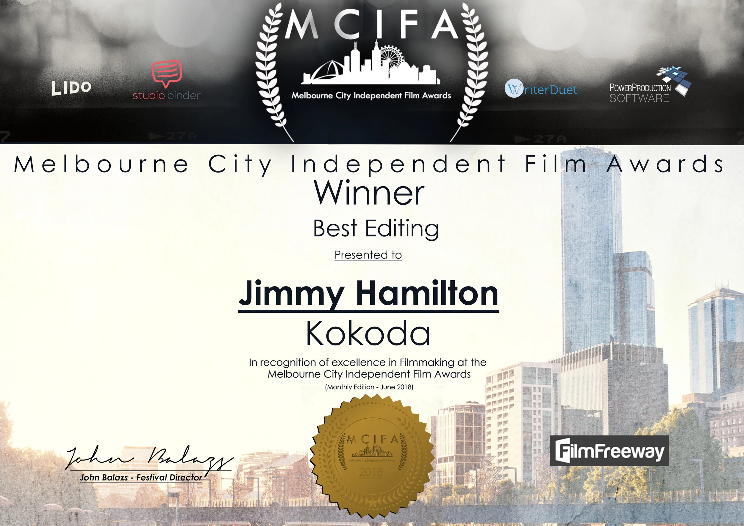 MCIFA Award- June 2018 - WINNER Best Editing.jpg
