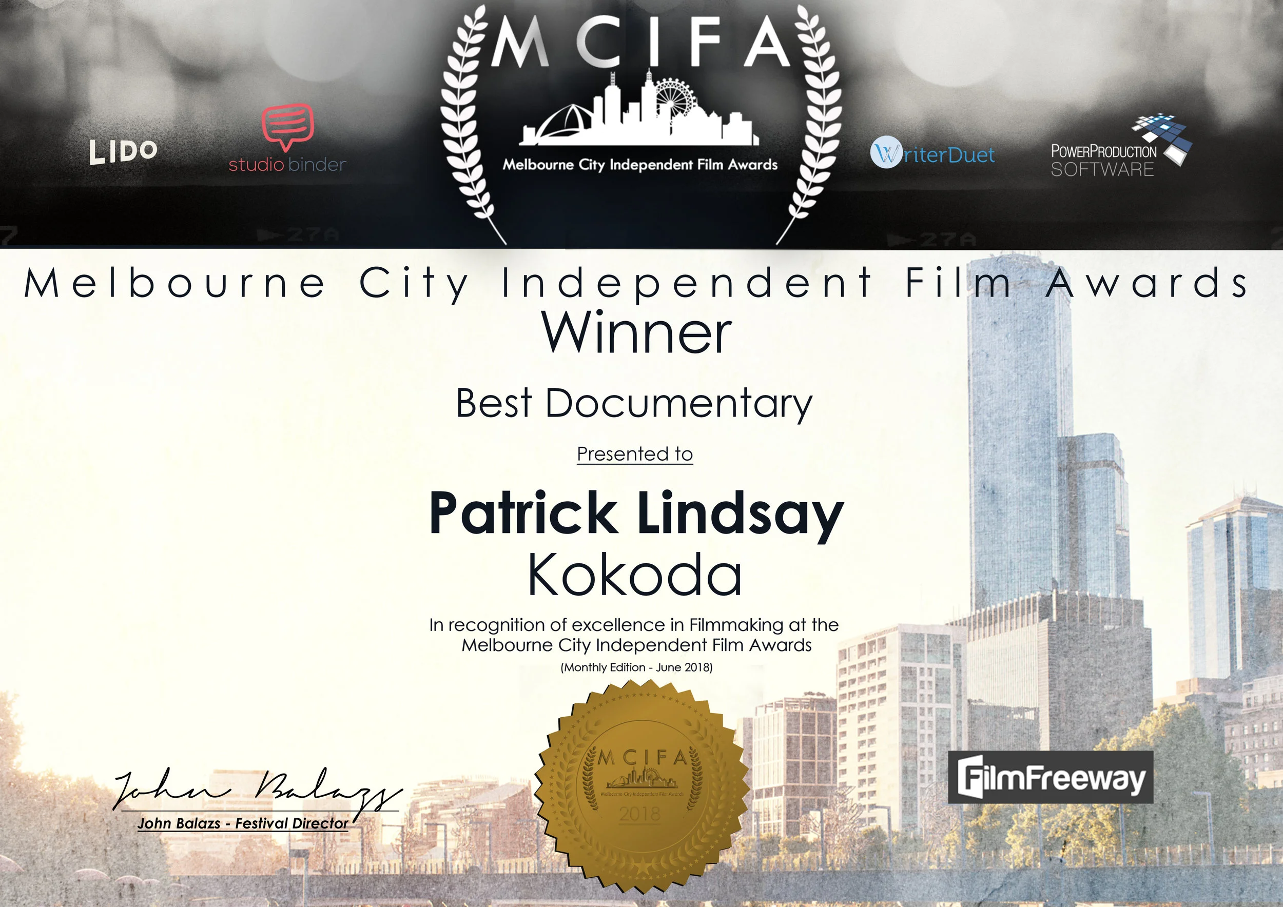 MCIFA Award- June 2018 - WINNER Best Documentary.jpg