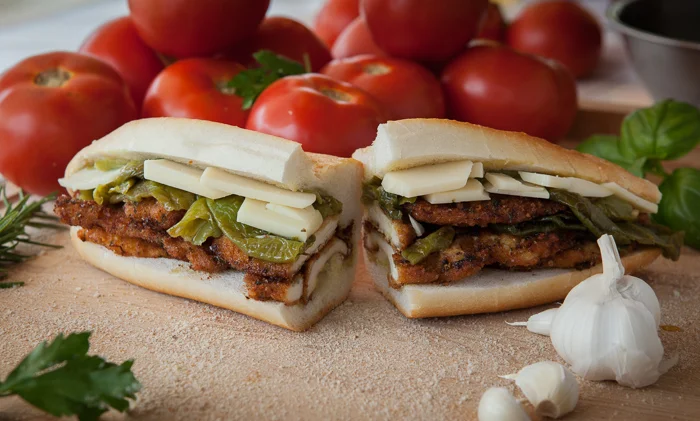 Pan-fried Chicken Cutlet with Long Hot Peppers, Sharp Provolone, drizzled with Extra Virgin Olive Oil