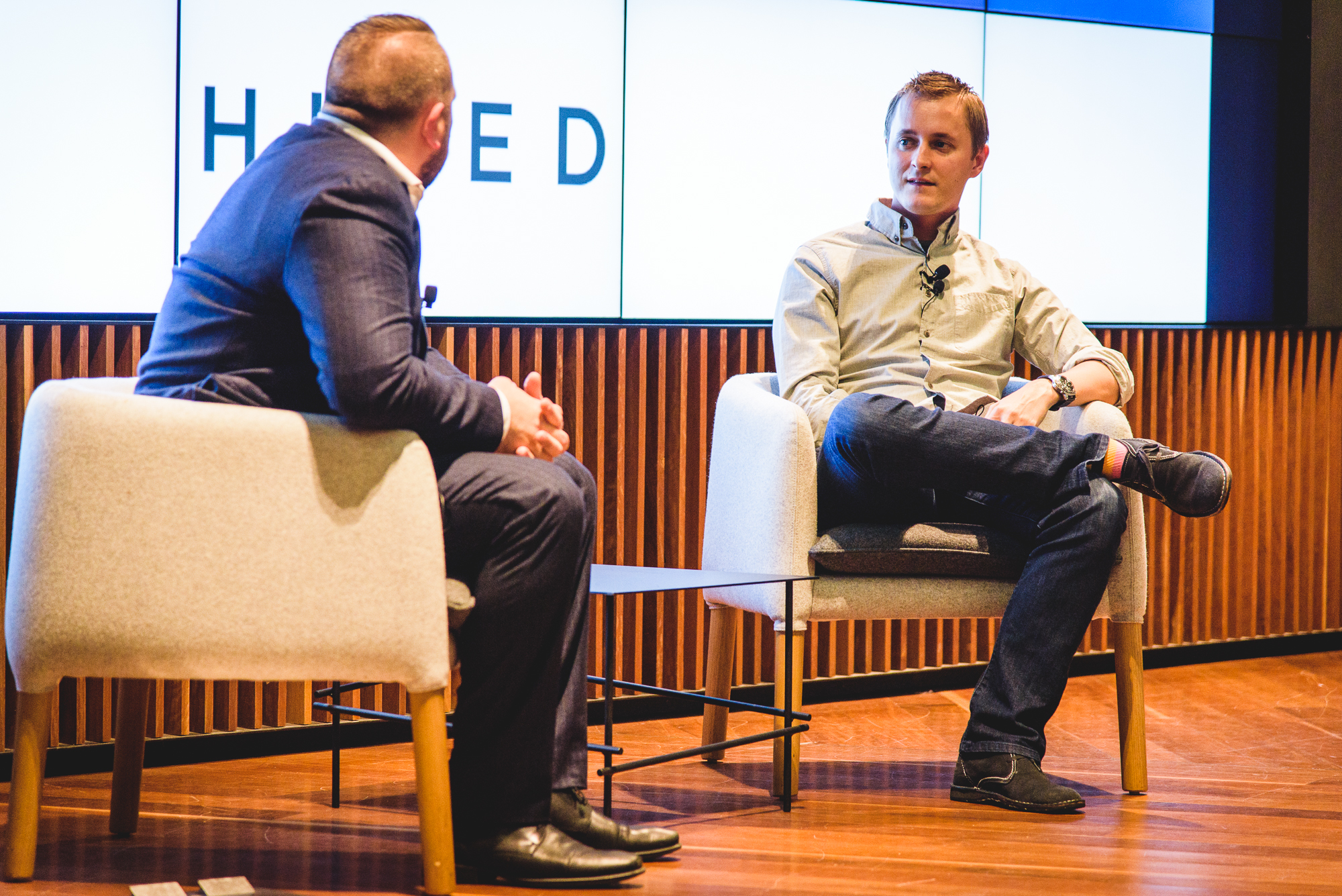 Hired co-founder Matt Mickiewicz speaking with Startup Grind ANZ director Chris Joannou  (Image: Startup Melbourne)