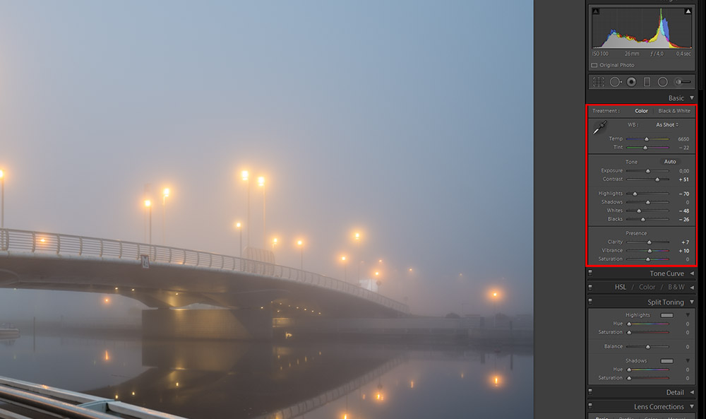 Editing the Basic Adjustments in Lightroom. This always depends on your image. But for fog photos I find these settings to work well. I also have a collection of my settings through out my photography journey in my presets collections .