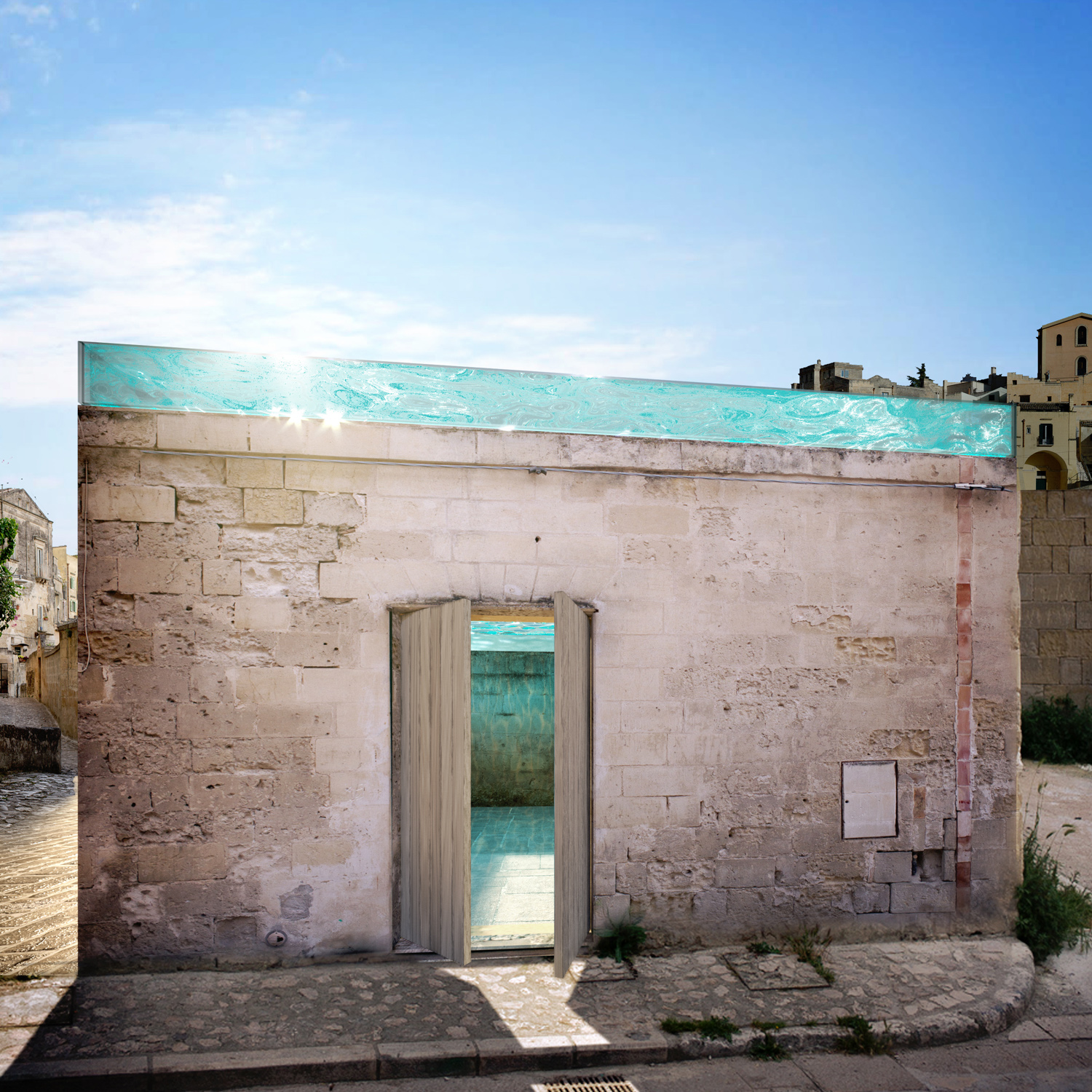 Exterior view of "The Ocean Room" from street level, inside the sassi of Matera, Italy.