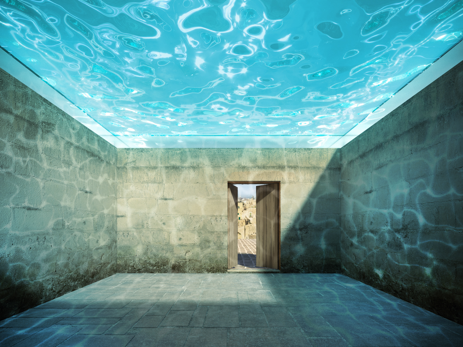 Interior view of "The Ocean Room" from street level, inside the sassi of Matera, Italy.