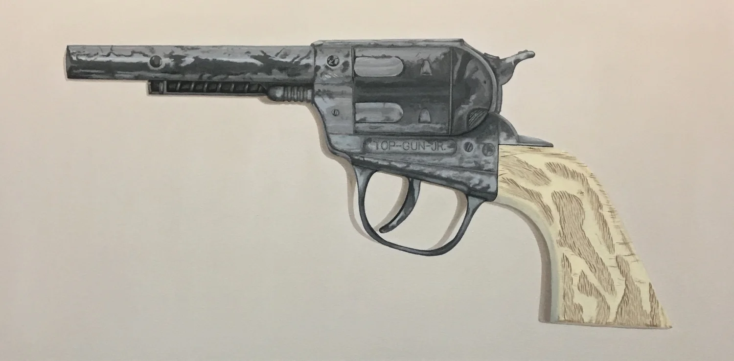 Shot No longer cocked and ready, but fired, this subject was painted as found. Life does take the shine off of things but one can imagine the fun had in doing so. Perhaps you remember the smoke, noise and a particular smell due to the small charge on the roll of paper uncoiling with each 'shot'. Now a toy of some controversy, this was a simple and common toy of the past. Acrylic on gallery wrapped canvas. 18" x 36" (1.5" depth). Ready to hang. Indoor use only. $1850.00