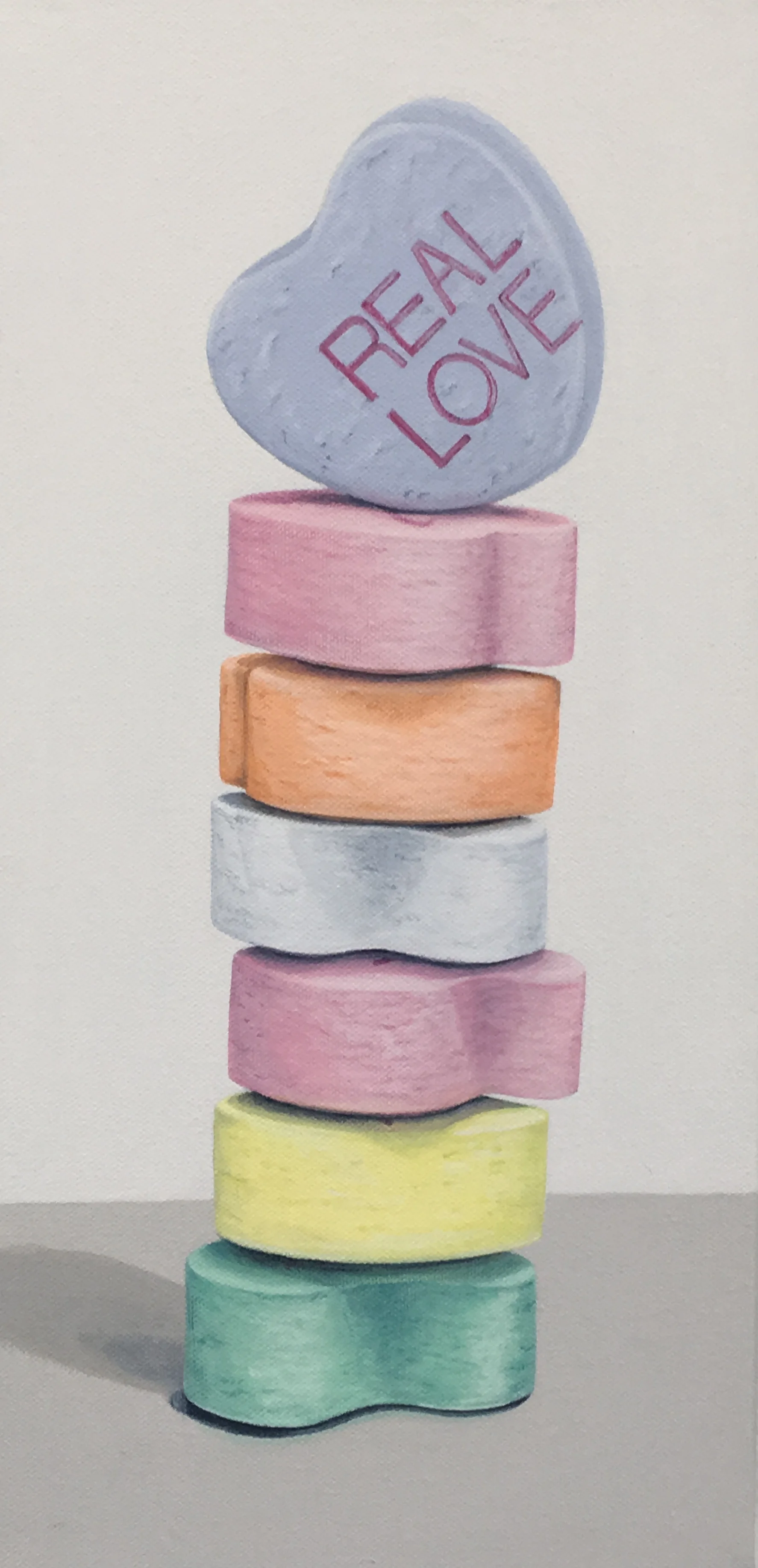 Totem: Converation Hearts This little stack of candy hearts are the iconic Valentine sweet. Each heart has pink printing dispenses tiny bits of advice, often off center, faint or blurry, and occasionally nonsensical. Simon Breitbard Fine Arts http://sbfinearts.com , 415-951-1969 8" x 16" gallery wrapped canvas $400.00 SOLD