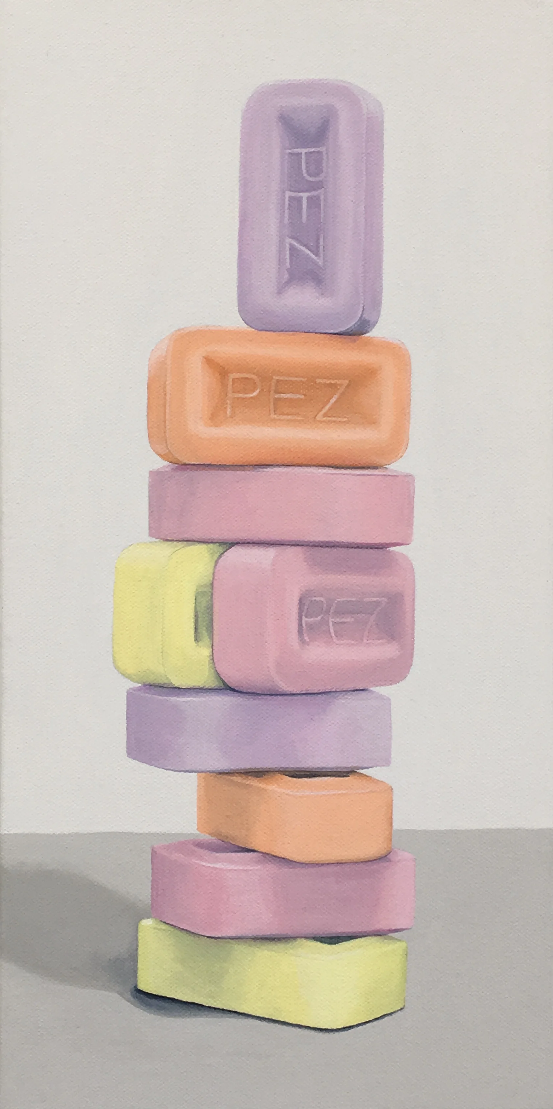 Totem: PEZ Historically these little candies were mint flavored and named for the German word mint ‘pfefferminz’, hence their name, PEZ. Now a still popular treat that comes with a playful dispenser, his work shows the PEZ pieces without the dispenser and stacked playfully, as such could be titled a PEZ nude. Simon Breitbard Fine Arts http://sbfinearts.com , 415-951-1969 8" x 16" gallery wrapped canvas $400.00 SOLD