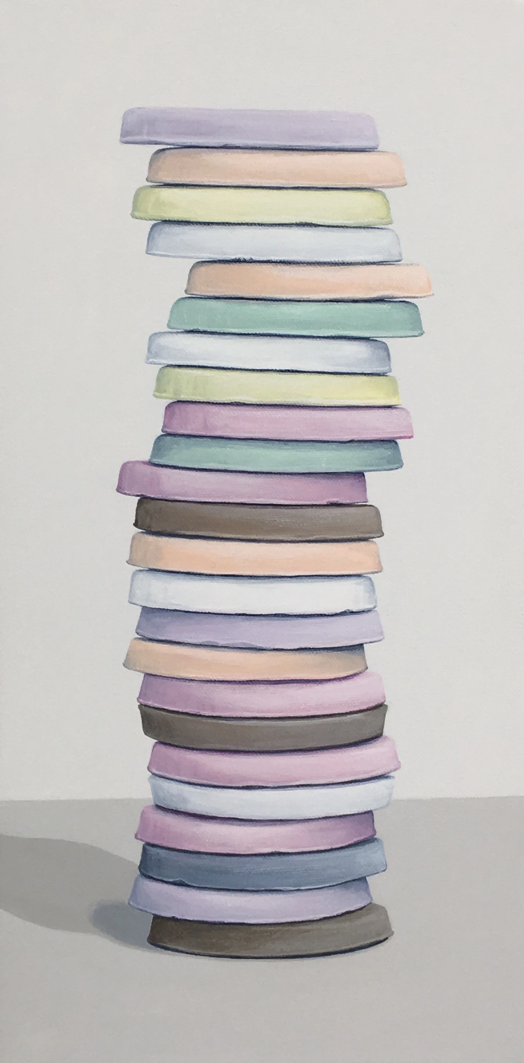 Totem: Neccos A childhood favorite remembered. Neccos are sweet, nostalgic colorful disc shaped candy. Attractive shape and colors attract us but does the flavor and texture match with promise of the appearance? 8" x 16" gallery wrapped canvas SOLD