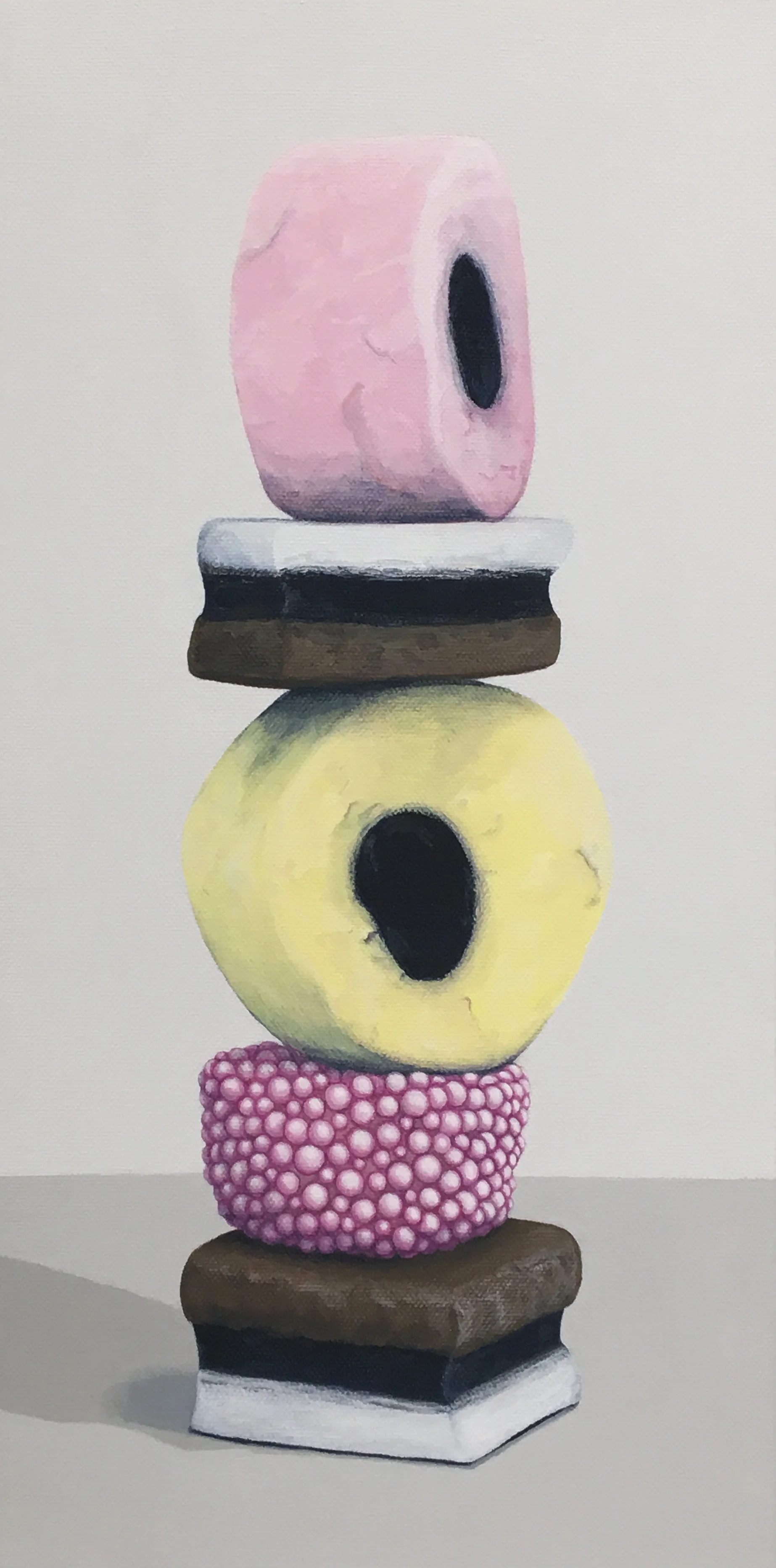 Totem: Allsorts IV This enticing candy stacks is a delightful temptation. As a culture we are generally attracted to these charming colors and interesting shapes, but once the candy is experienced as a food there is often a mismatch between its attractiveness and its taste. This work explores the occurrence of the incongruity of appearance and experience. Currently available through Simon Breitbard Fine Arts http://sbfinearts.com , 415-951-1969 8" x 16" gallery wrapped canvas $400.00