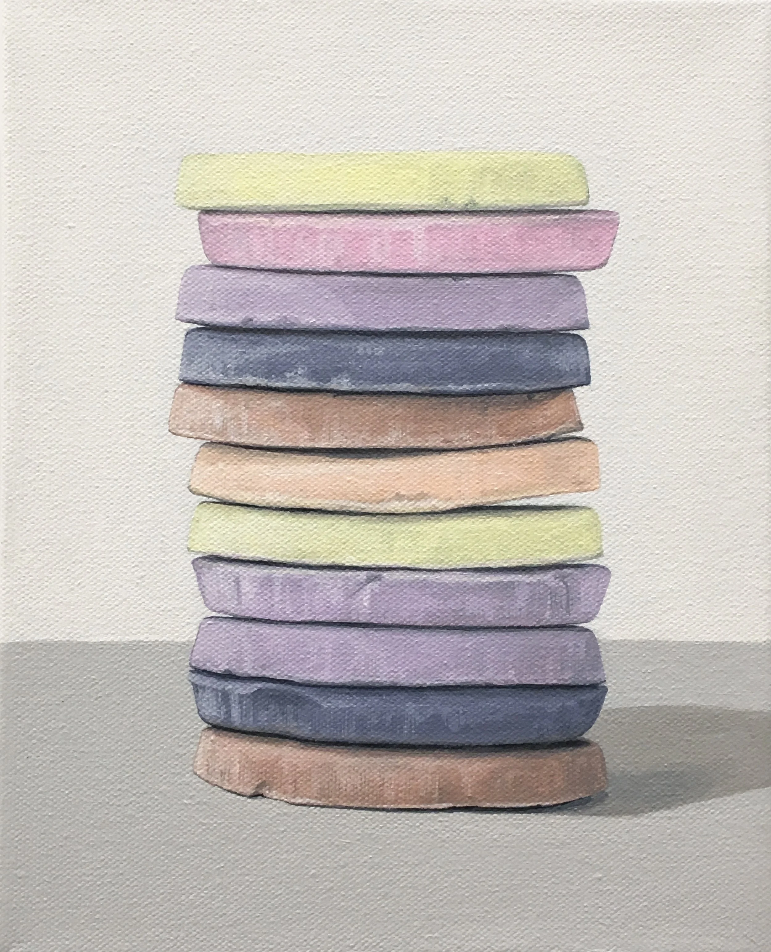 Totem: Necco Wafer II This little candy stacks is built from ‘An American Classic’ candy, the Necco Wafer. As a culture we are generally attracted to these charming colors, but once the candy is experienced as a food there is often a mismatch between its attractiveness and its taste. This work explores the occurrence of the incongruity of appearance and experience. 8” x 10” gallery wrapped canvas $250.00