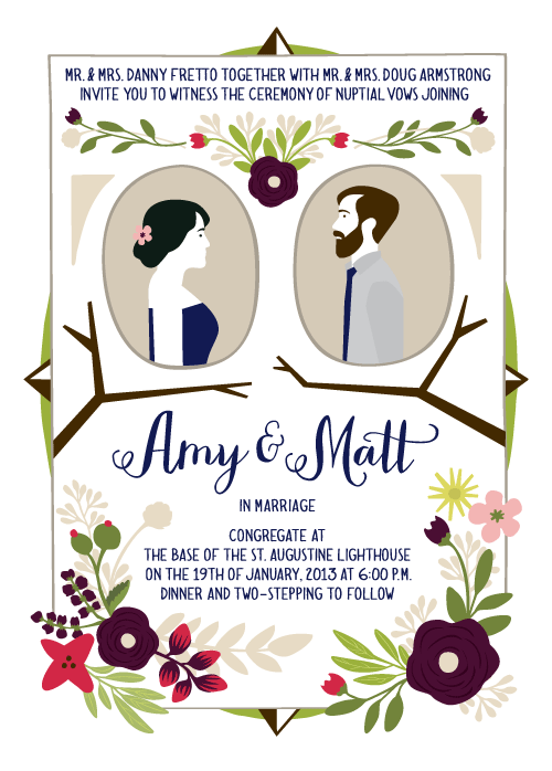 I illustrated these wedding invitations for Amy, floral designer, and Matt, lover of nautical motifs. 