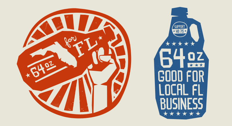 These illustrations were used on t-shirts sold at Intuition Ale Works in Jacksonville, FL. They promote HB715, a Florida state bill that would allow the sale of beer in 64 oz containers. You must be asking yourself, "wait—that's against the law?" To which I reply, "that's why you should join the movement!"