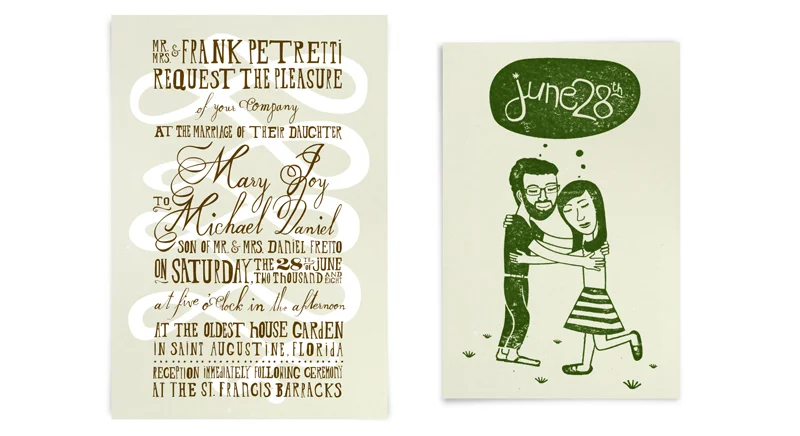 These pieces were part of a series I designed for my very own wedding. The invitation (left) was hand-drawn and subsequently screen printed by the talented Austin Petito . Save-the-Dates (right) were also hand-drawn and made into a rubber stamp.