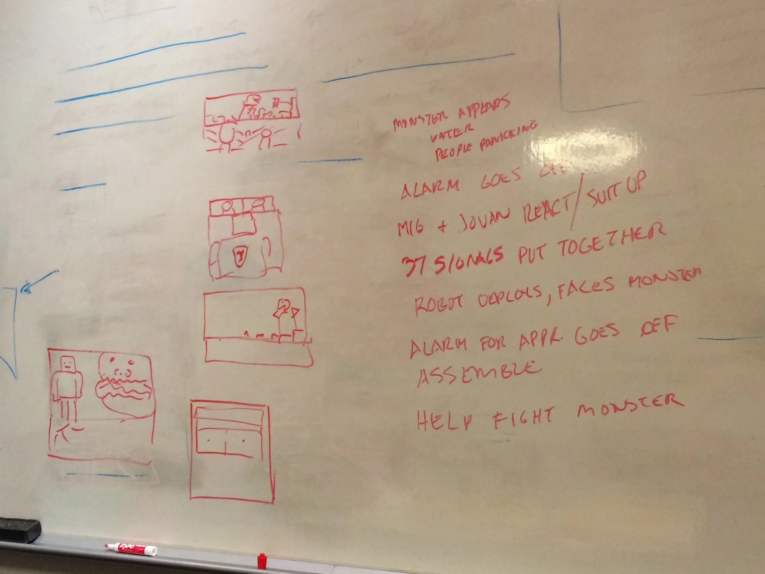We sketched out a concept that placed Mig and Javan, our event's speakers in the middle of that movie theme, battling it out with a beast (a design/development project), as shown here on our white board.