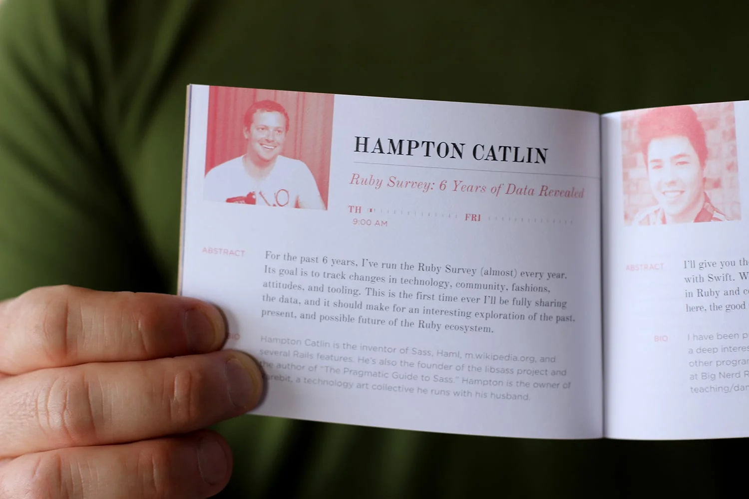 The booklets included speaker bios and a timetime graphic that displayed the time of their talk.
