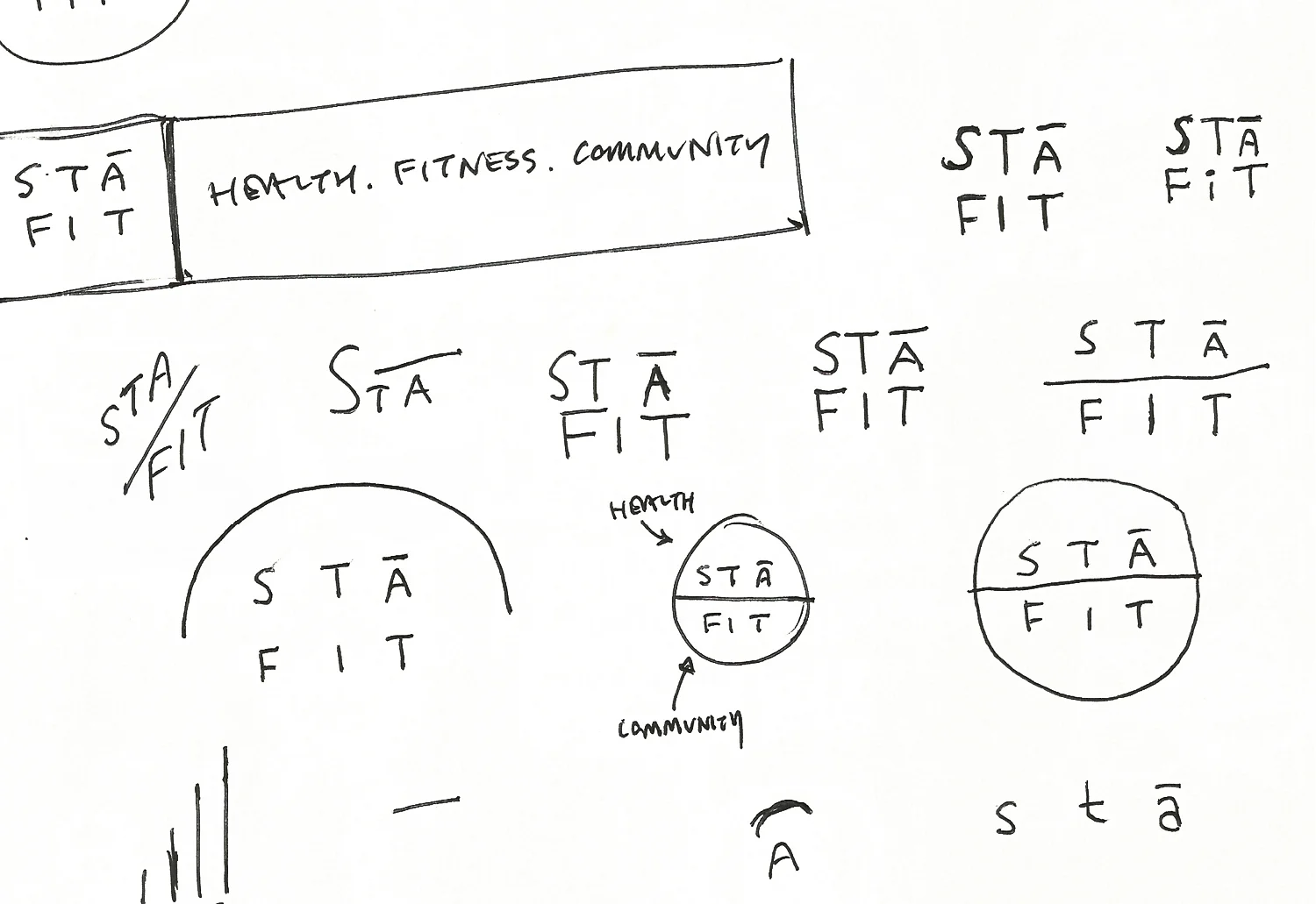 I began sketching a few concepts around wordplays. The idea of abbreviating "St. Augustine," where the gym is located, to "STA" was an initial thought. "Fit," short for fitness followed. "Stay fit" was what it ultimately read, which was appropriate given what they were trying to promote through their membership experience.