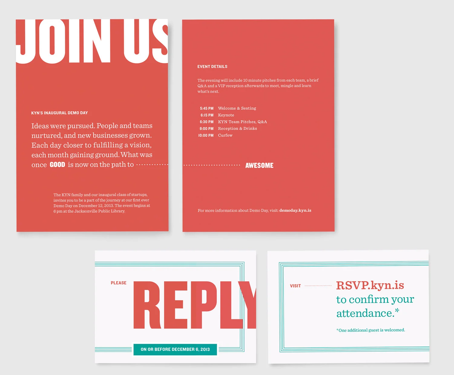 The event’s theme was first introduced via invitation. Large, cropped type lockups gave us a bold, larger-than-life tone that I pushed throughout the implementation of the brand.