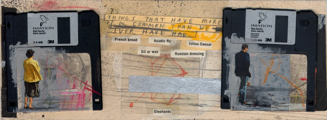 “ The Obsolescence Of Memory ”, mixed media and floppy disks on board. This piece will be going out to an unsuspecting Art In A Box subscriber soon.