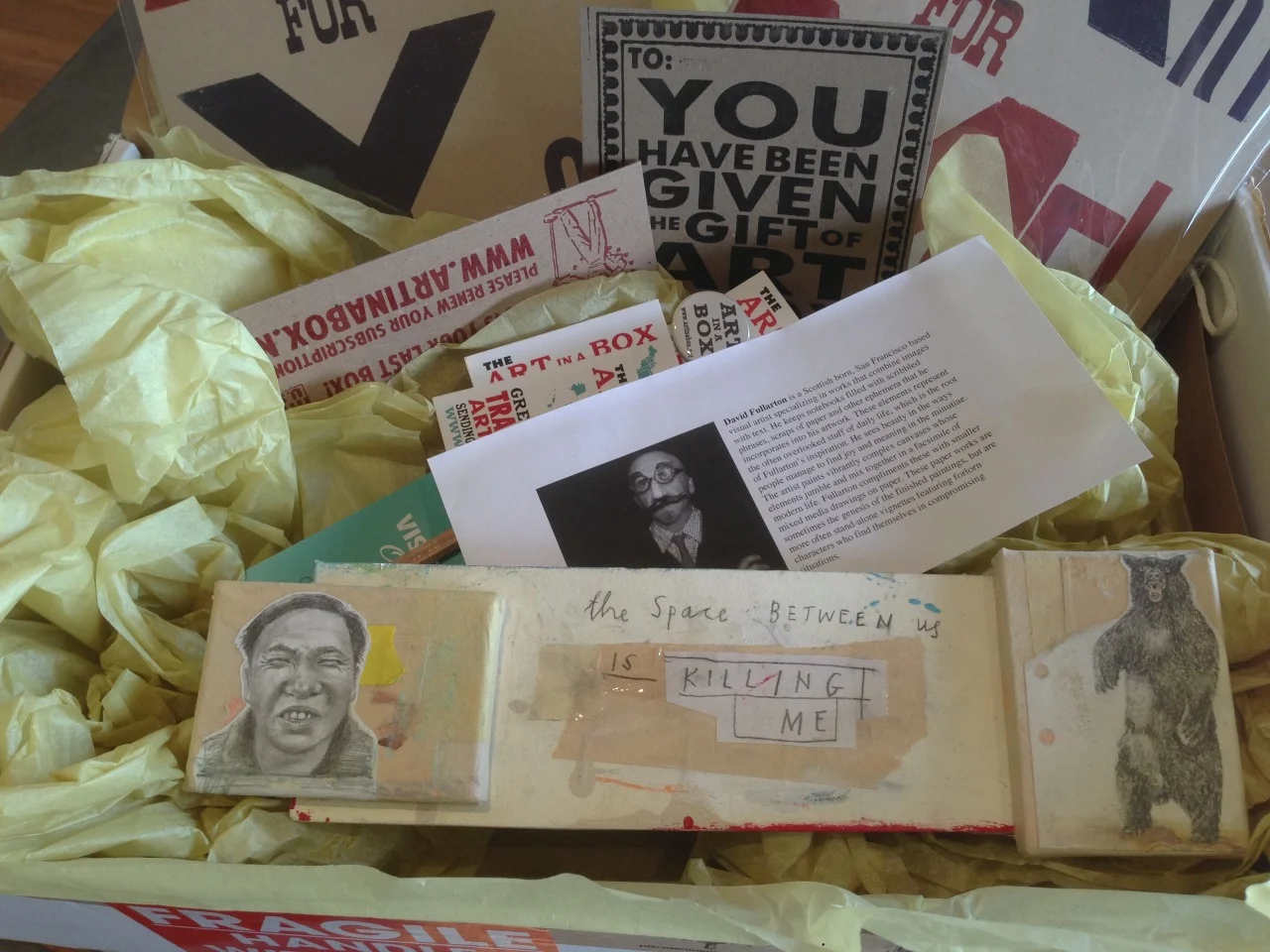 Check out this nice little article in the Gestalt Journal about receiving an Art In A Box shipment with one of my pieces inside.