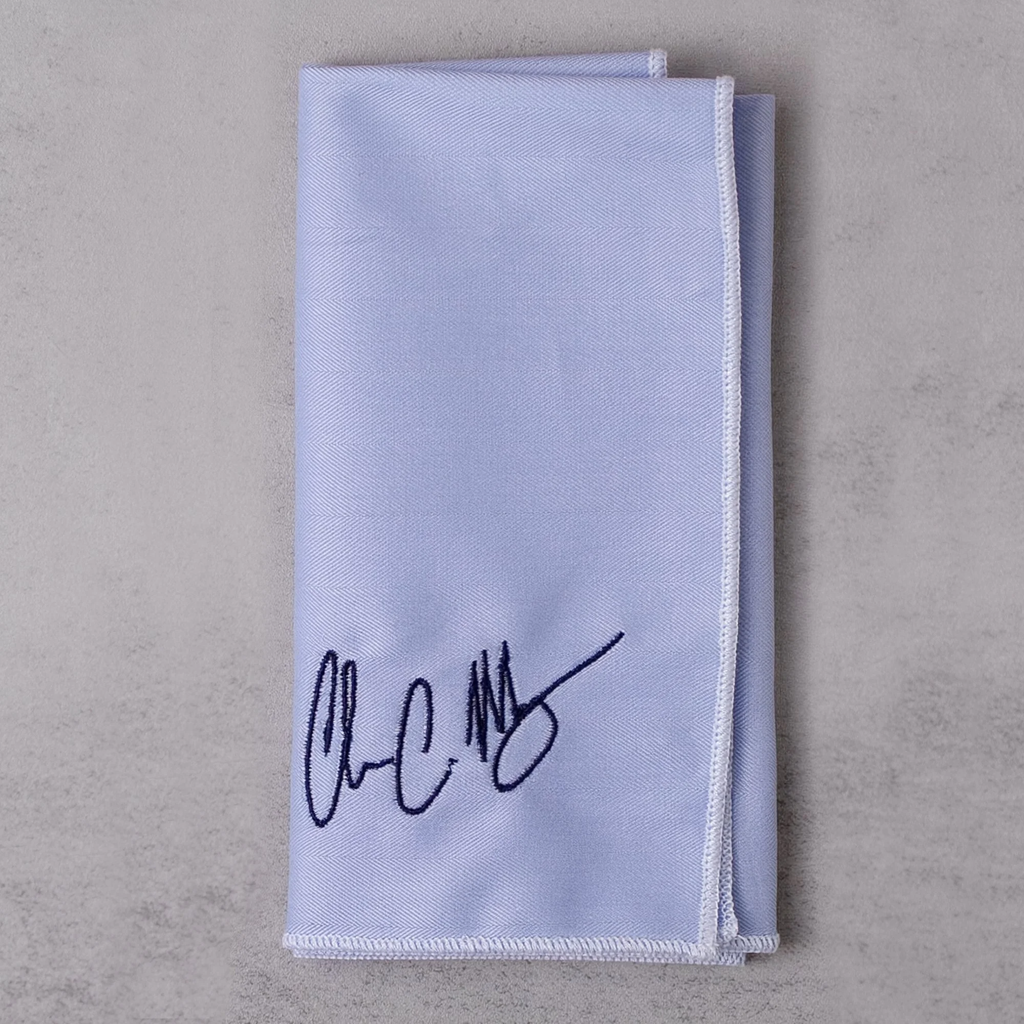 Custom Handwriting & Signature Embroidered Pocket Square | Blue Italian Cotton