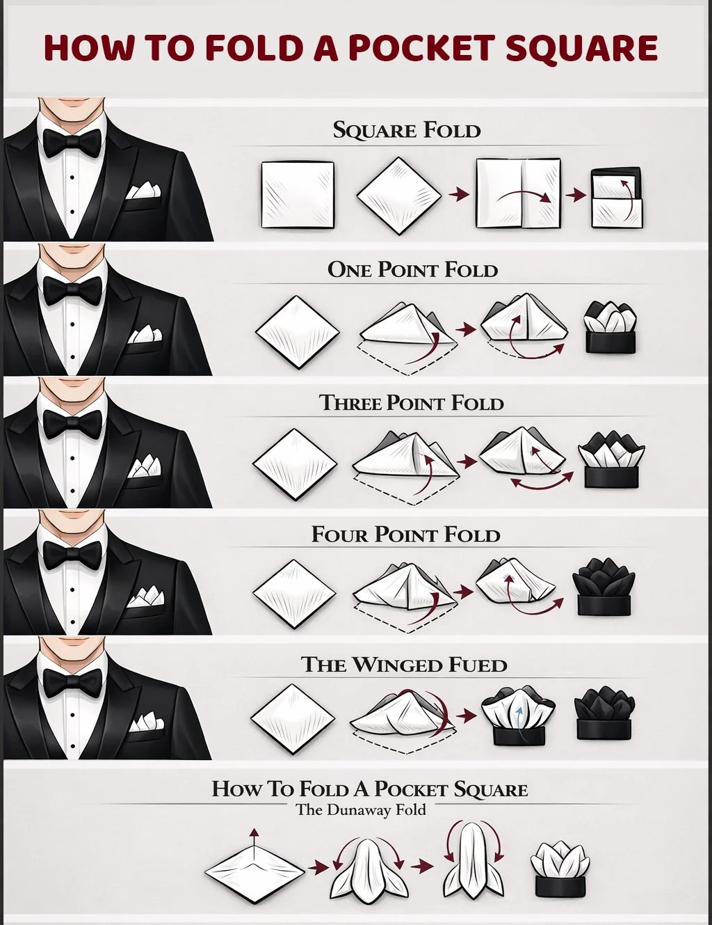 Step-by-step illustrated guide on how to fold a pocket square, showing various folding styles including square fold, one point fold, three point fold, four point fold, winged fold, and the Dunaway fold, with images of a man in a tuxedo demonstrating each method.