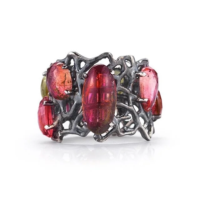 One of my favorite one of a kind pieces - pink tourmaline cabs set on a lace like oxidized silver band. Definitely a statement piece. #oneofakind #tourmaline #handmade #grspearman