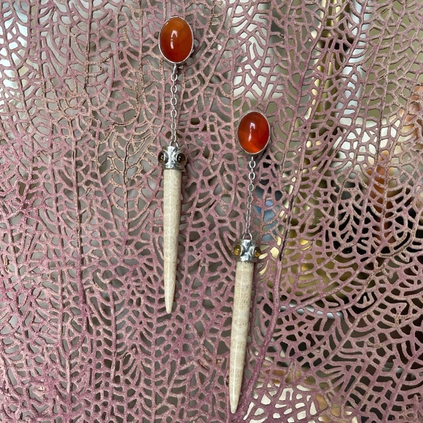 Fossilized coral on coral...too much coral? Top cabochons are natural carnelian agate, the caps are sterling with beautiful citrines and the drops are fossilized coral from Indonesia. Completely handmade and one of a kind! Available.