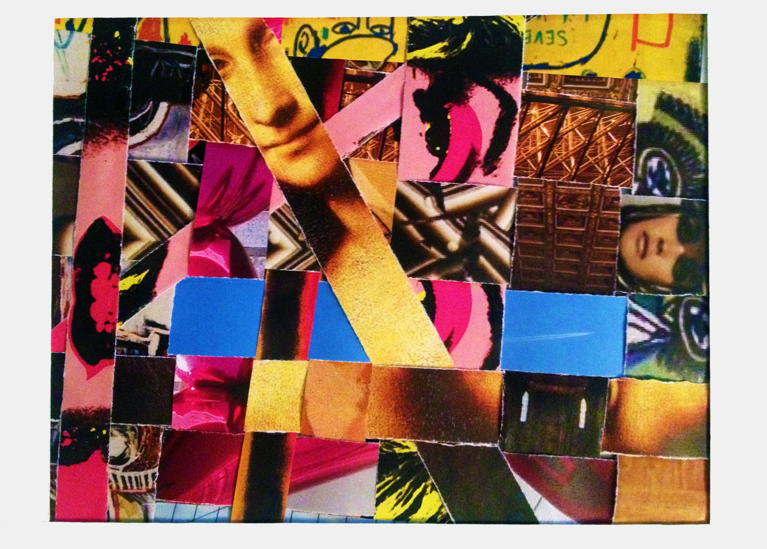 Title - "Face Forward" - This piece is a representation of the many faces which make up America and the right way to tackle diversity. The strips of imagery are woven together making the following statement. To overcome social issues amongst diverse individuals, we must seek to not simply coexist in space, but find overlapping similarities which allow our lives to become woven and see the strength and beauty we are able to exhibit as a unit.