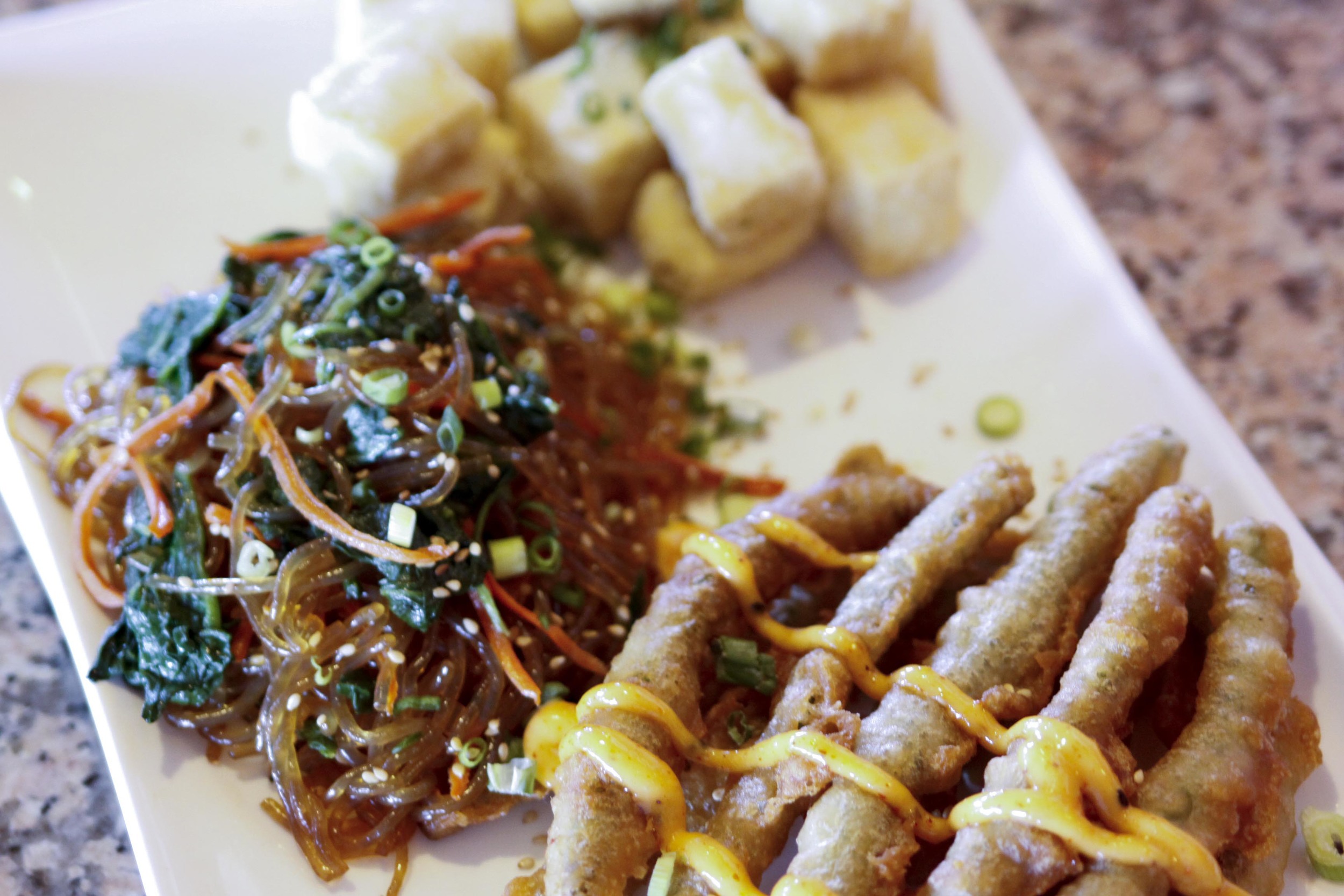  Crispy Green Beans, Jap Chae (Korean glass noodles), Deep Fried Tofu 