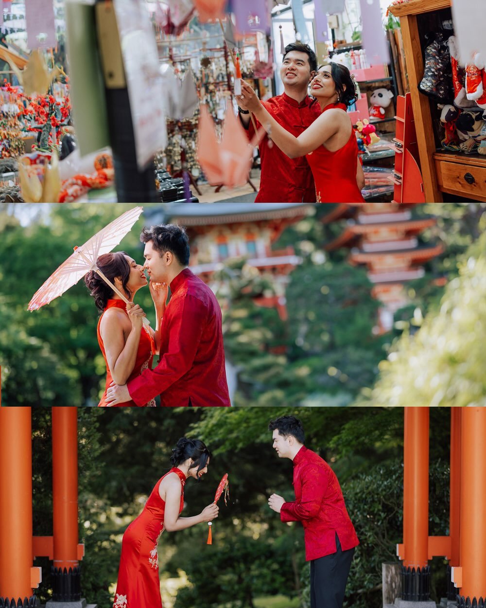 她愛 Japanese Garden 的寧靜建築，也迷戀 Chinese drama 的含蓄與浪漫，於是有了旗袍、有了紙傘、有了在唐人街許願樹下寫下的那個「我們」。

從繁華的小店，到靜謐的庭園，再到海浪拍打礁石的邊緣，
他們不只是拍一輯照片，更像是在不同文化之間，慢慢找到屬於彼此的語言。

當城市的標誌輕輕入鏡，這段故事，也自然落在了舊金山的風裡。
海浪在他們腳下退去，他們用翻越礁石的勇氣留下了國家地理雜誌般壯闊的景色。

She loves the tranquil architecture