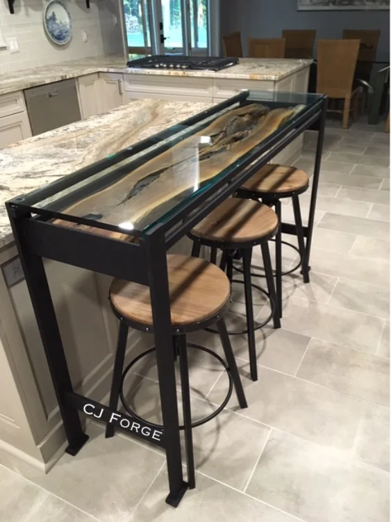 Live edge black walnut, steel & glass.