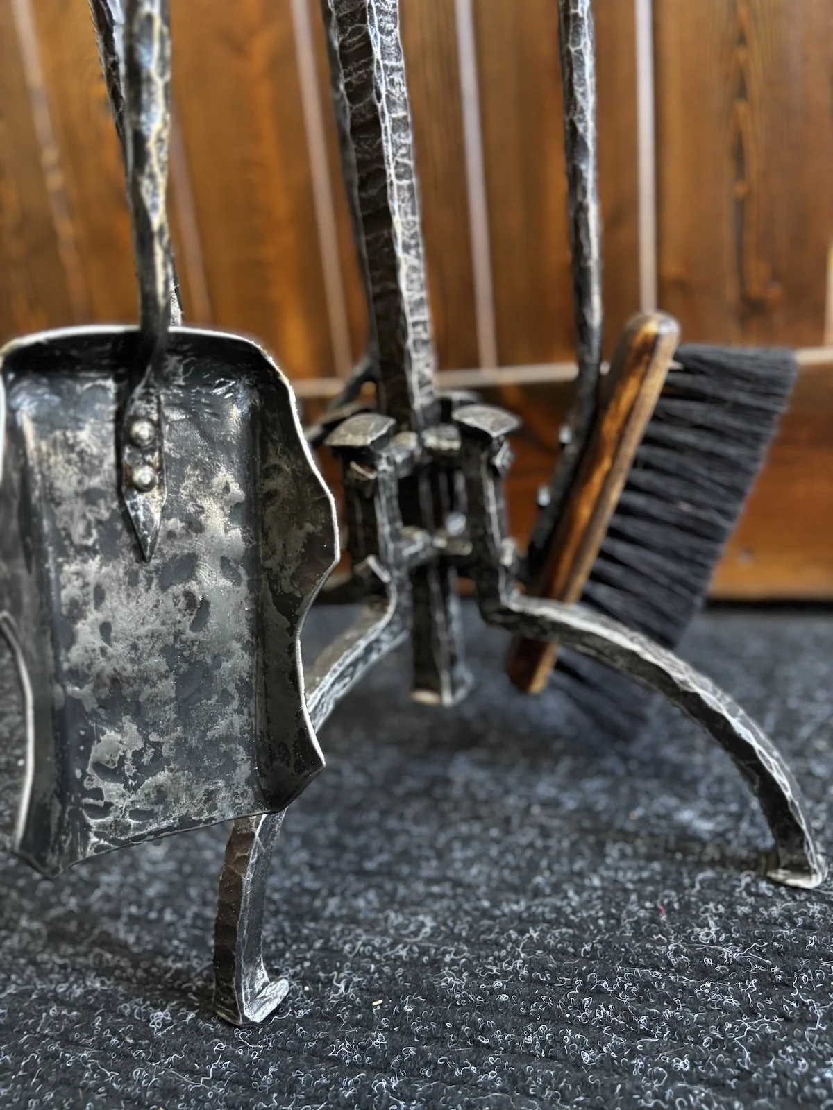 Hand forged fireplace tool set