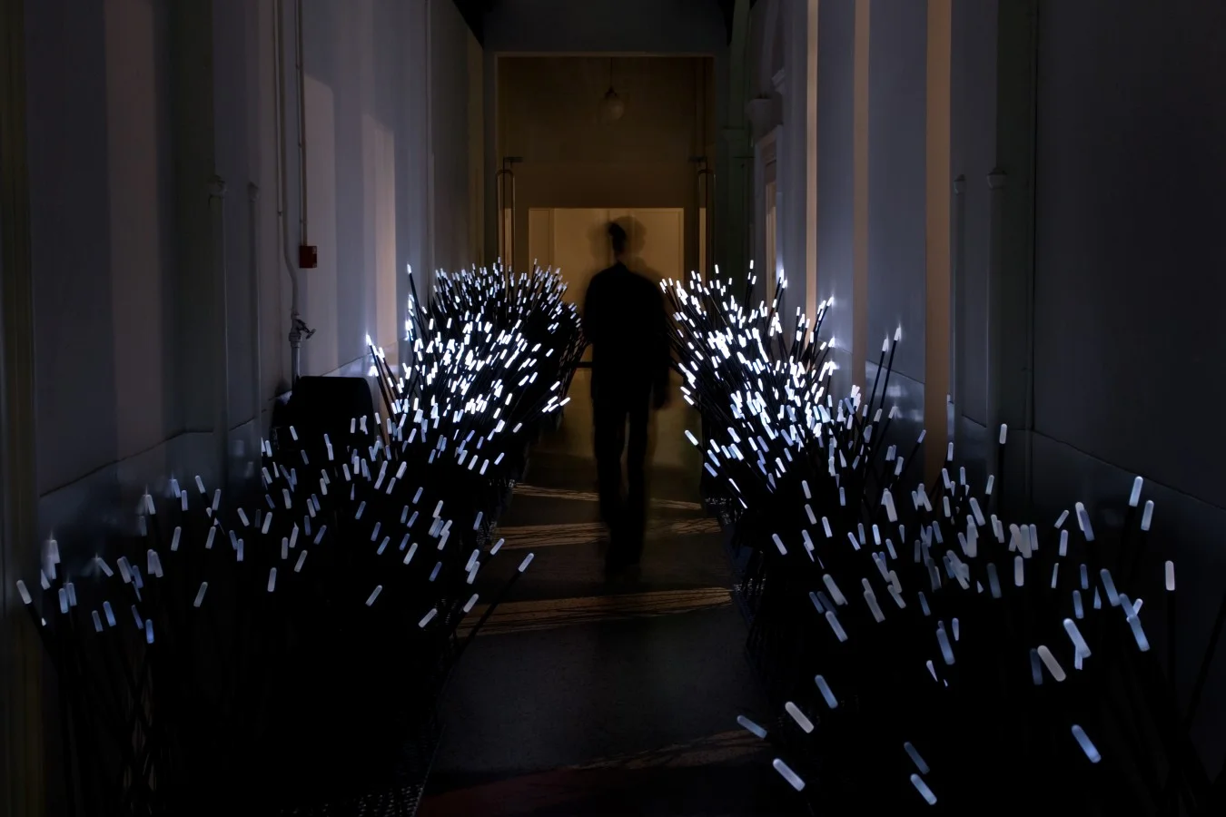 DUNE is the public interactive landscape that interacts with human behaviour . This hybrid of nature and technology is composed of large amounts of fiber that brighten according to the sounds and motion of passing visitors. 