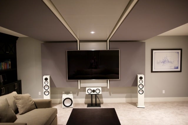 Home theatre / family room professionally designed WSDG sound engineering studio and build by Harmony Home Projects Inc.