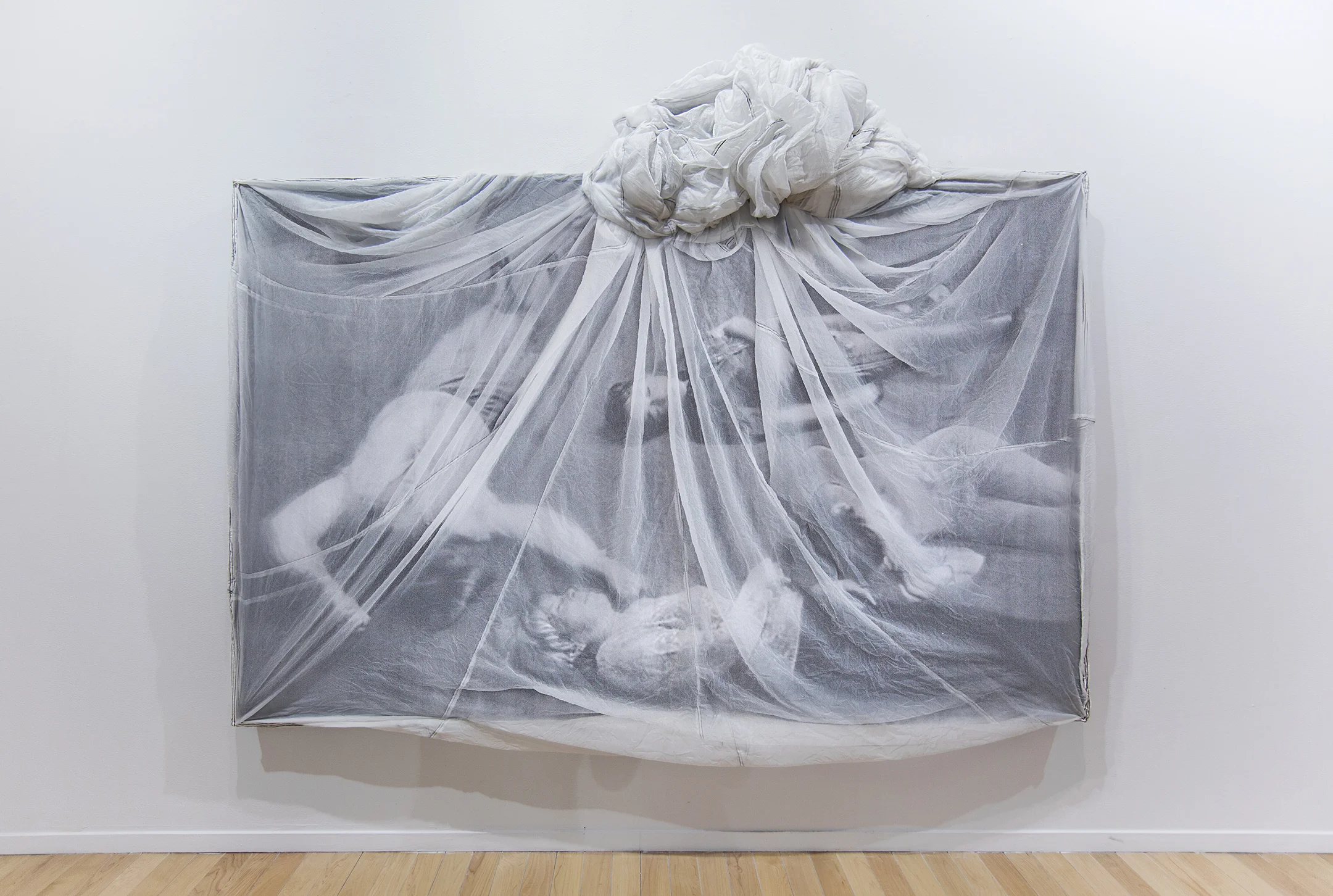 "Shroud," 2016. Vintage silk wrapped photographic print, mounted on panel. 9' x 8'