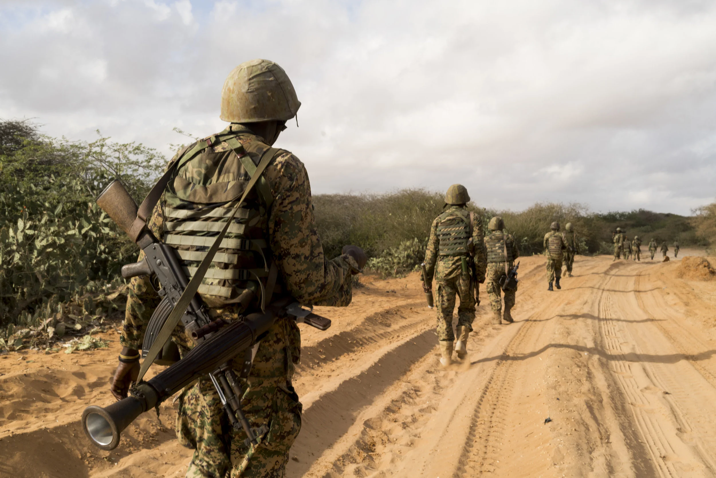 Ugandan African Union forces set out on their morning foot patrol from their forward operating base in Arbiska, Somalia, February 14, 2017.