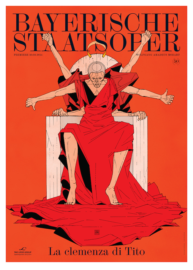 Premiereposter for the National Opera of Munich / Bayerische Staatsoper for La clemenza di Tito. Graphic design by Bureau Mirko Borsche