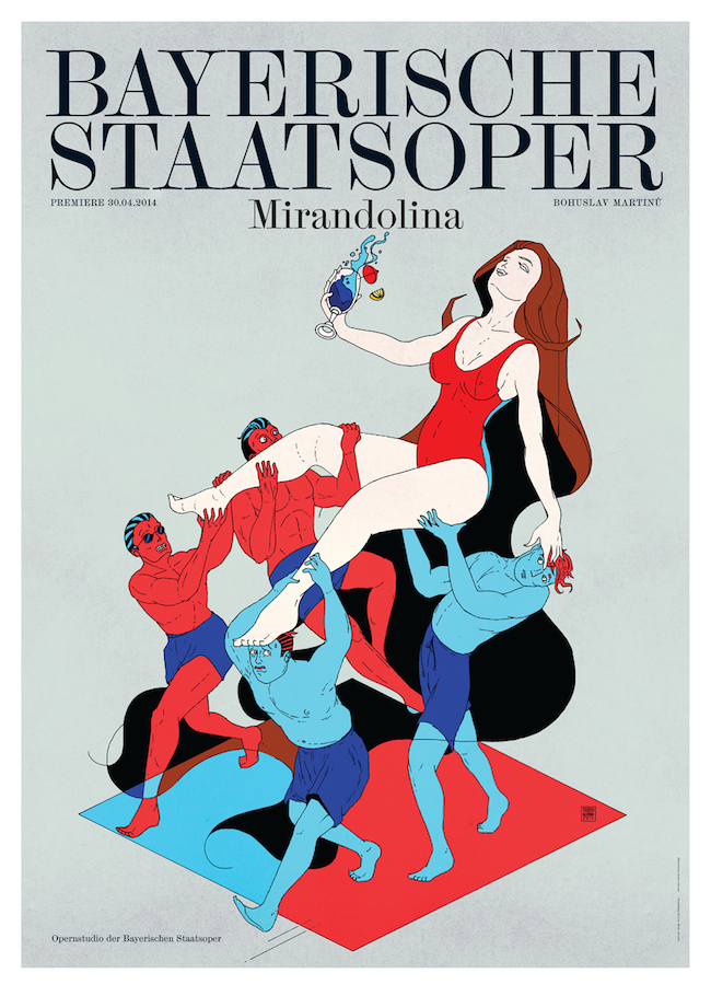 Premiereposter for the National Opera of Munich / Bayerische Staatsoper for Mirandolina. Graphic design by Bureau Mirko Borsche