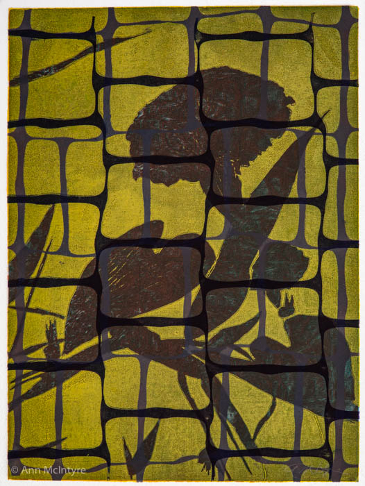 Morning Glory Silhouette over Carmel etching with Chartreuse
