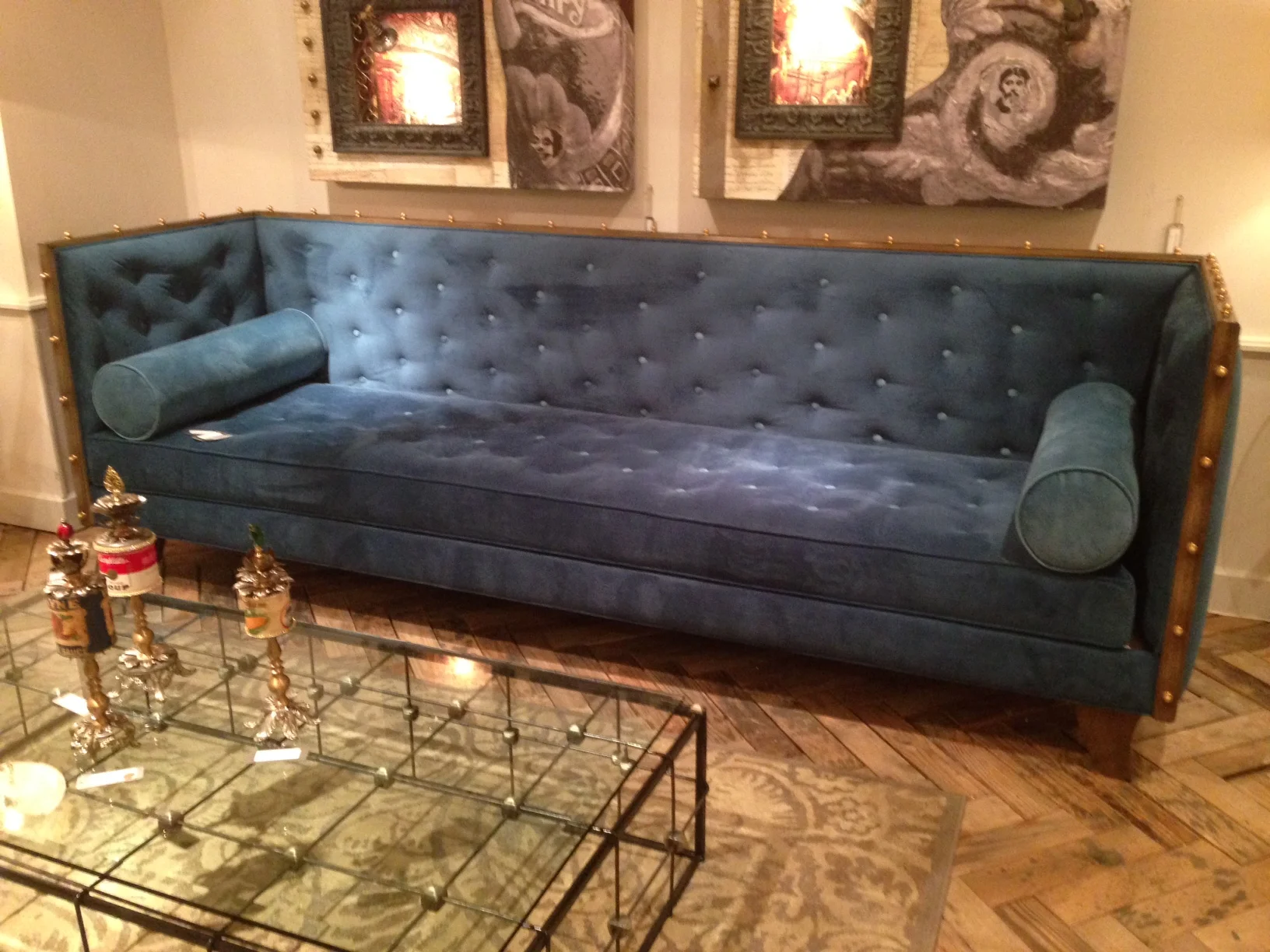Gorgeous over-scaled peacock Sofa from Luna Bella. Perfect for a loft or a chic bar. 